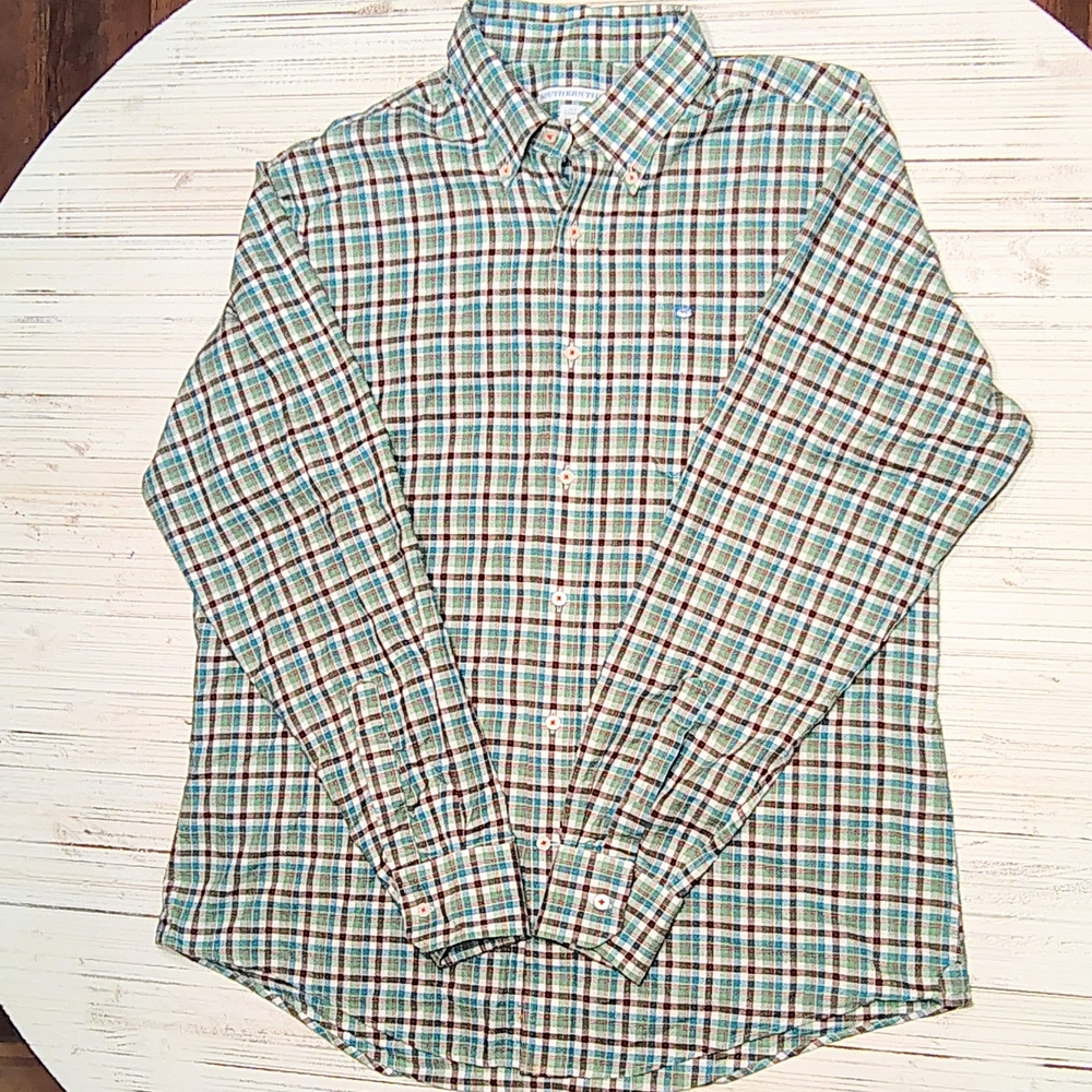 Southern Tide Green, Blue and Brown Plaid Button Down Shirt